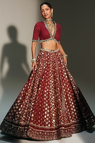 Sindoori Red Banarasi Silk Chanderi Hand Embroidered Lehenga Set by Mahima Mahajan
