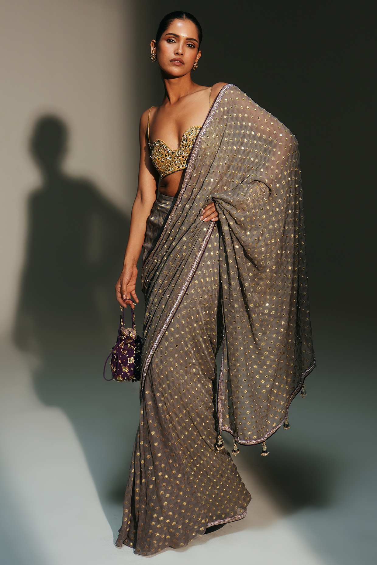 Mahima Mahajan Platinum Banarasi Silk Chanderi Pre-Draped Saree Set