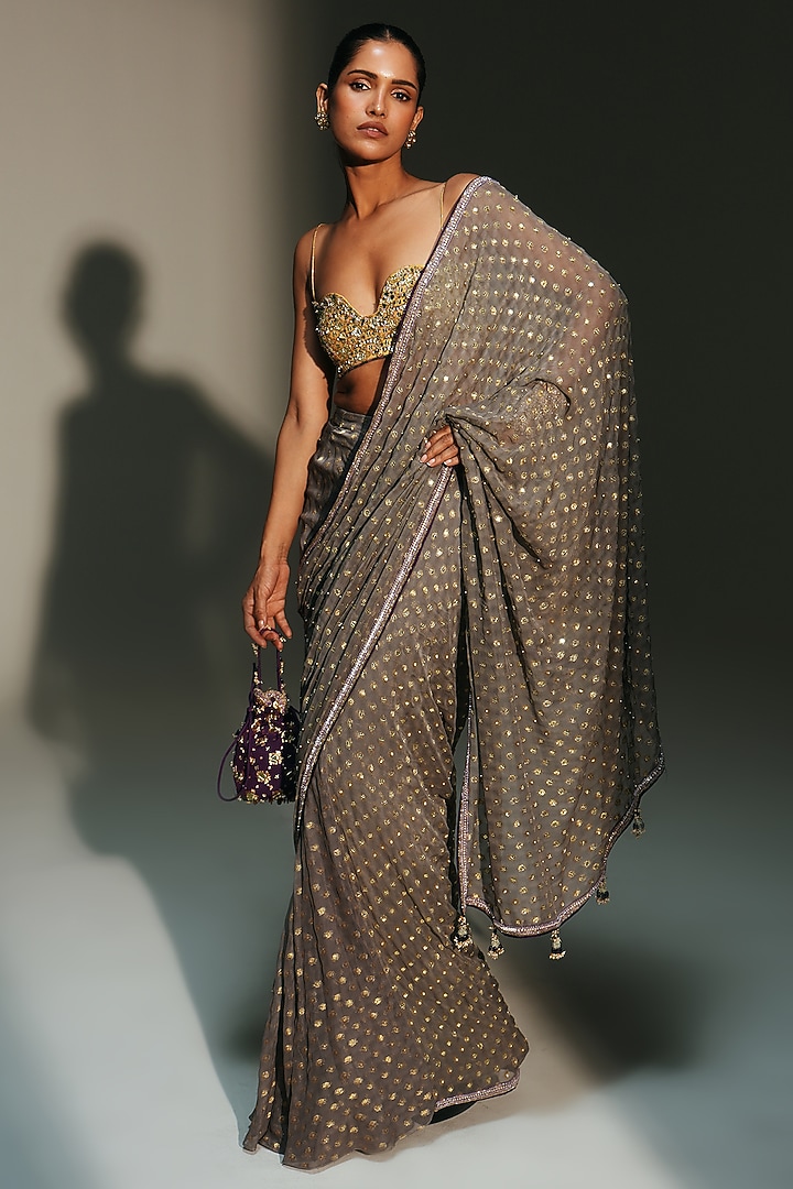 Platinum Banarasi Silk Chanderi Pre-Draped Reception Saree Set by Mahima Mahajan at Pernia's Pop Up Shop