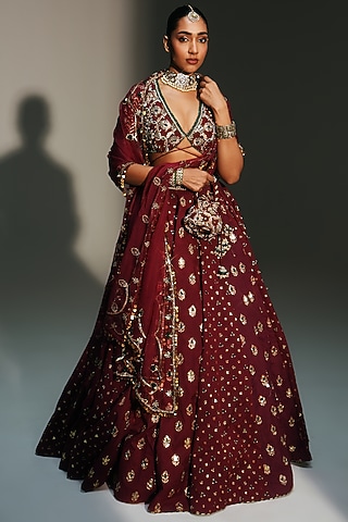 Sindoori Red Banarasi Silk Chanderi Hand Embroidered Lehenga Set by Mahima Mahajan