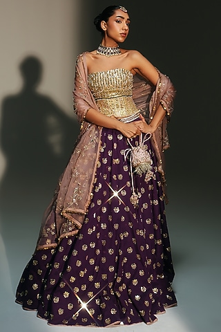 Grapevine Banarasi Silk Chanderi Hand Embroidered Lehenga Set by Mahima Mahajan