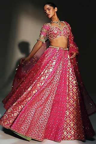 Rani Pink Banarasi Silk Chanderi Hand Embroidered Lehenga Set by Mahima Mahajan
