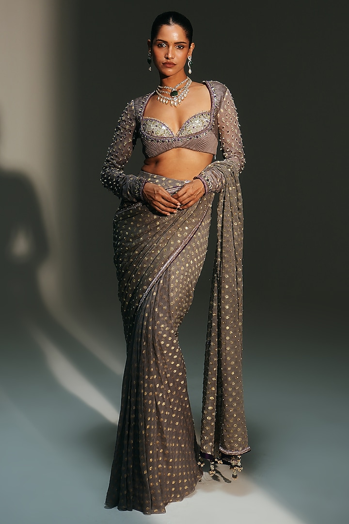 Platinum Banarasi Silk Chanderi Pre-Draped Reception Saree Set by Mahima Mahajan at Pernia's Pop Up Shop