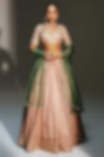 Blush Pink Banarasi Silk Chanderi Hand Embroidered Bridal Lehenga Set by Mahima Mahajan at Pernia's Pop Up Shop