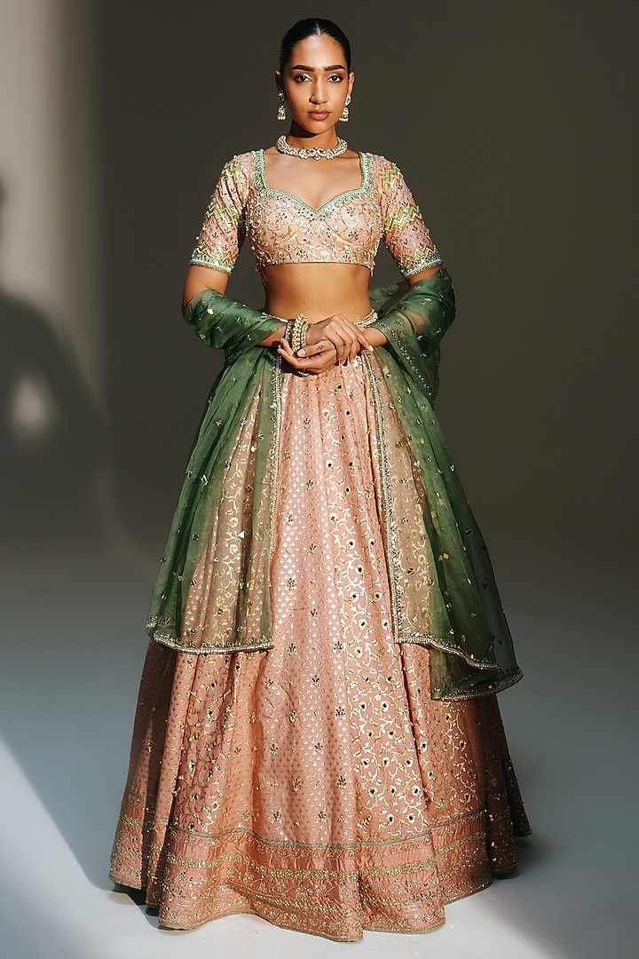 Blush Pink Banarasi Silk Chanderi Hand Embroidered Bridal Lehenga Set by Mahima Mahajan at Pernia's Pop Up Shop