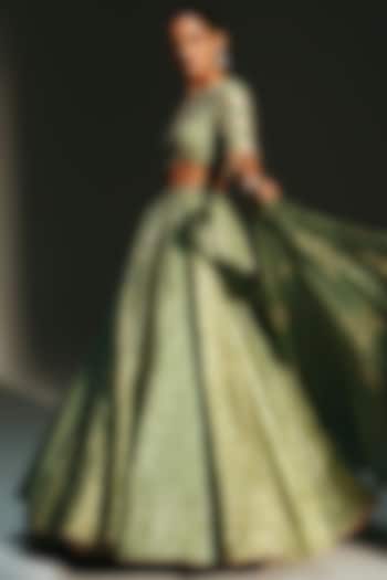 Pista Green Banarasi Silk Chanderi Hand Embroidered Bridal Lehenga Set by Mahima Mahajan at Pernia's Pop Up Shop