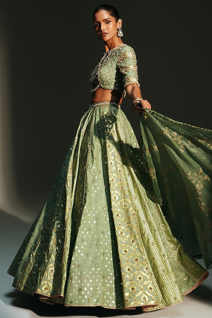 Pista Green Banarasi Silk Chanderi Hand Embroidered Bridal Lehenga Set by Mahima Mahajan at Pernia's Pop Up Shop