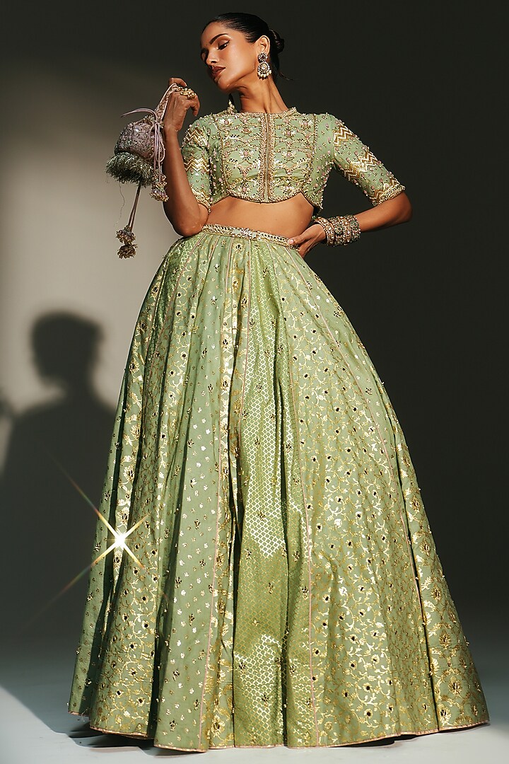 Pista Green Banarasi Silk Chanderi Hand Embroidered Bridal Lehenga Set by Mahima Mahajan at Pernia's Pop Up Shop