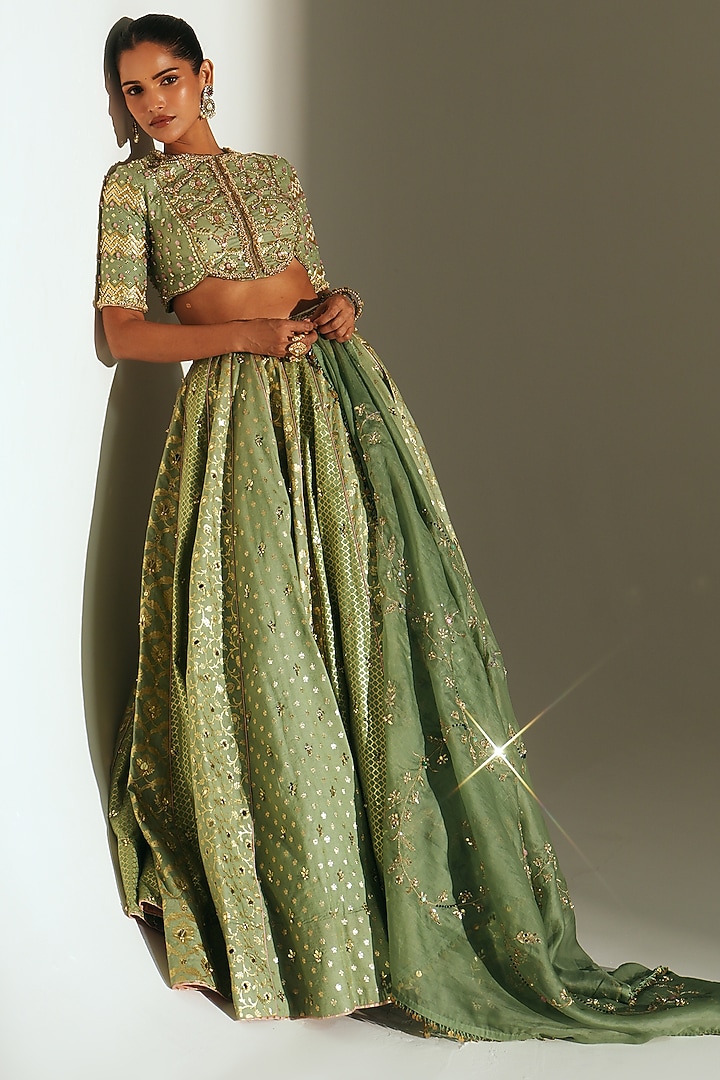 Pista Green Banarasi Silk Chanderi Hand Embroidered Bridal Lehenga Set by Mahima Mahajan at Pernia's Pop Up Shop