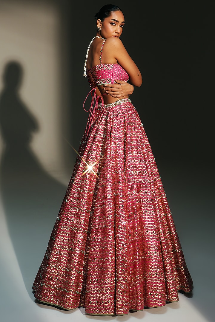 Rani Pink Banarasi Silk Chanderi Hand Embroidered Bridal Lehenga Set by Mahima Mahajan at Pernia's Pop Up Shop