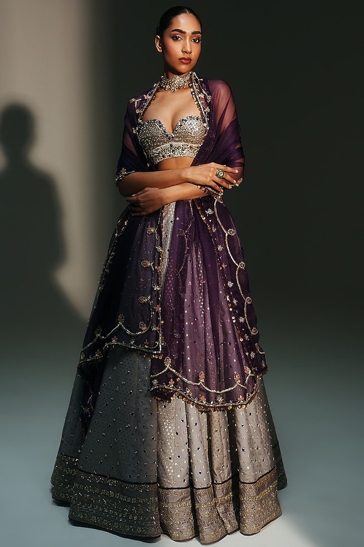 Platinum Banarasi Silk Chanderi Hand Embroidered Bridal Lehenga Set by Mahima Mahajan at Pernia's Pop Up Shop