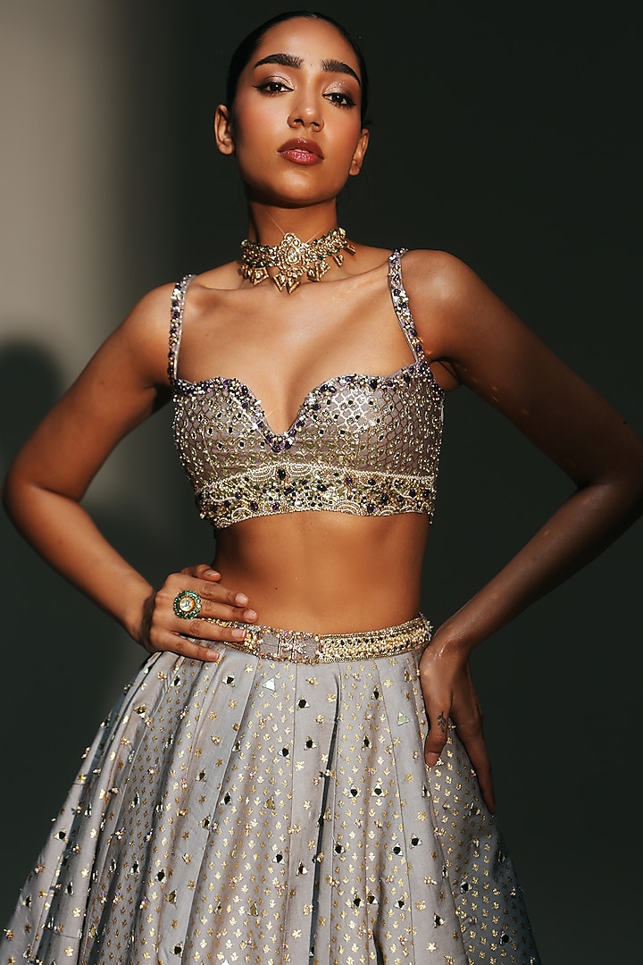 Platinum Banarasi Silk Chanderi Hand Embroidered Bridal Lehenga Set by Mahima Mahajan at Pernia's Pop Up Shop