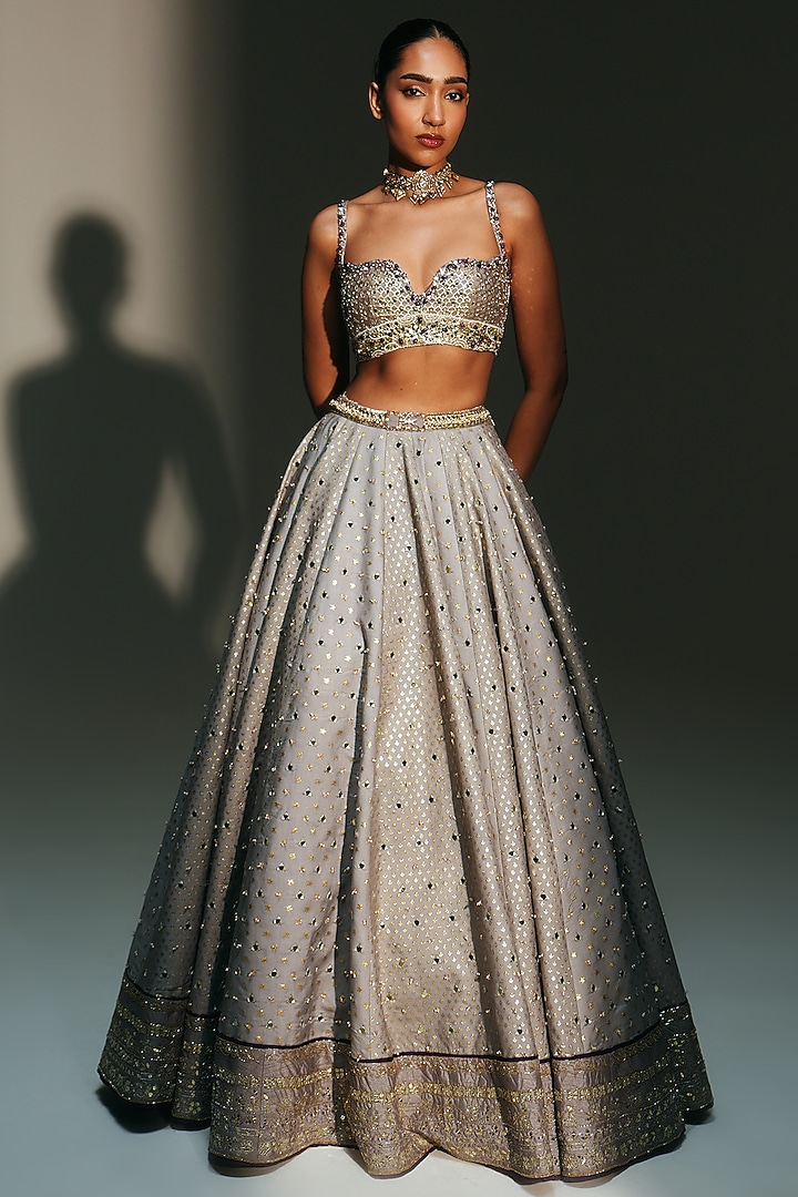 Platinum Banarasi Silk Chanderi Hand Embroidered Bridal Lehenga Set by Mahima Mahajan at Pernia's Pop Up Shop