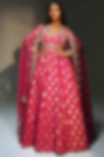 Rani Pink Banarasi Silk Chanderi Hand Embroidered Bridal Anarkali Set by Mahima Mahajan at Pernia's Pop Up Shop