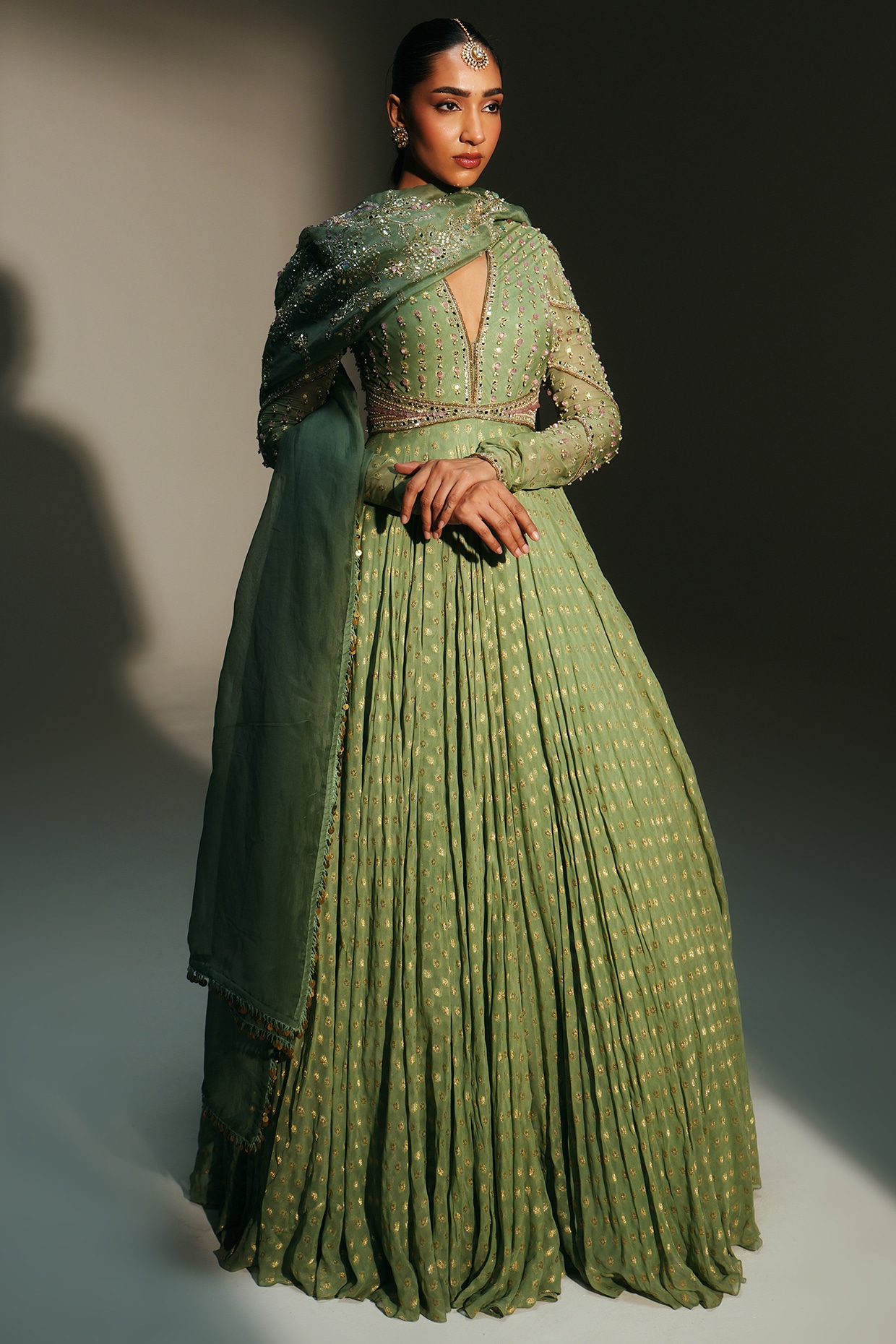 Mahima Mahajan Pista Green Banarasi Silk Chanderi Hand Embroidered Anarkali Set