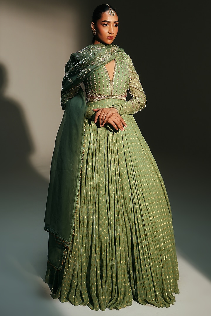Pista Green Banarasi Silk Chanderi Hand Embroidered Bridal Anarkali Set by Mahima Mahajan at Pernia's Pop Up Shop