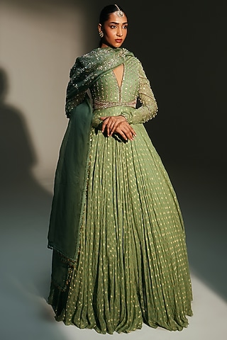 Pista Green Banarasi Silk Chanderi Hand Embroidered Anarkali Set by Mahima Mahajan