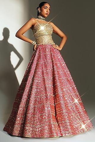 Rani Pink Banarasi Silk Chanderi Hand Embroidered Lehenga Set by Mahima Mahajan