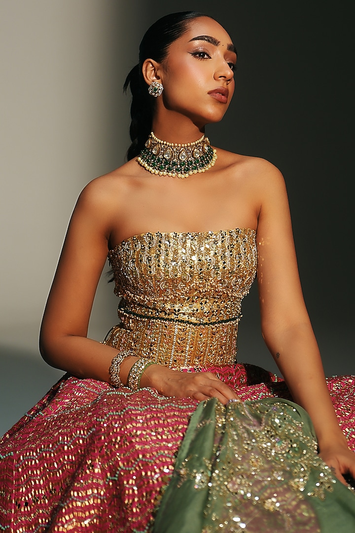Rani Pink Banarasi Silk Chanderi Hand Embroidered Bridal Lehenga Set by Mahima Mahajan at Pernia's Pop Up Shop