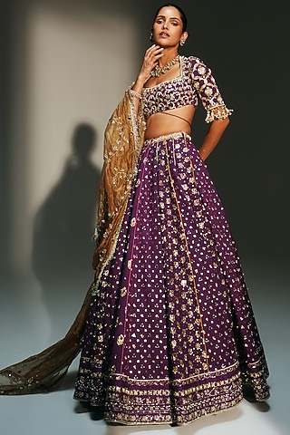 Grapevine Banarasi Silk Chanderi Hand Embroidered Lehenga Set by Mahima Mahajan