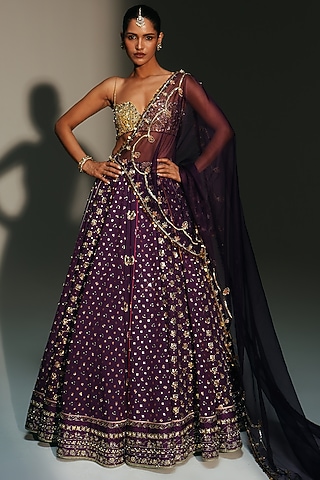 Grapevine Banarasi Silk Chanderi Hand Embroidered Lehenga Set by Mahima Mahajan