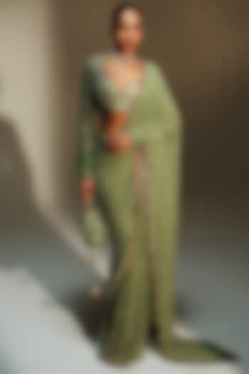 Pista Green Banarasi Georgette Hand Embroidered Pre-Draped Reception Saree Set by Mahima Mahajan at Pernia's Pop Up Shop