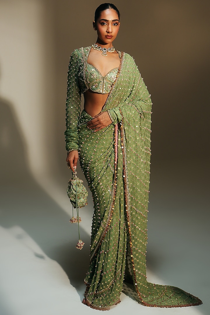 Pista Green Banarasi Georgette Hand Embroidered Pre-Draped Reception Saree Set by Mahima Mahajan at Pernia's Pop Up Shop