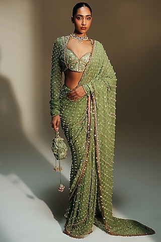 Pista Green Banarasi Georgette Hand Embroidered Pre-Draped Saree Set by Mahima Mahajan