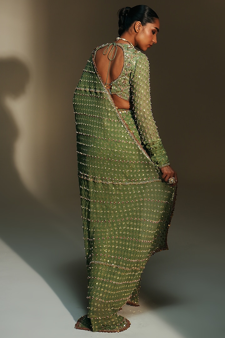 Pista Green Banarasi Georgette Hand Embroidered Pre-Draped Reception Saree Set by Mahima Mahajan at Pernia's Pop Up Shop
