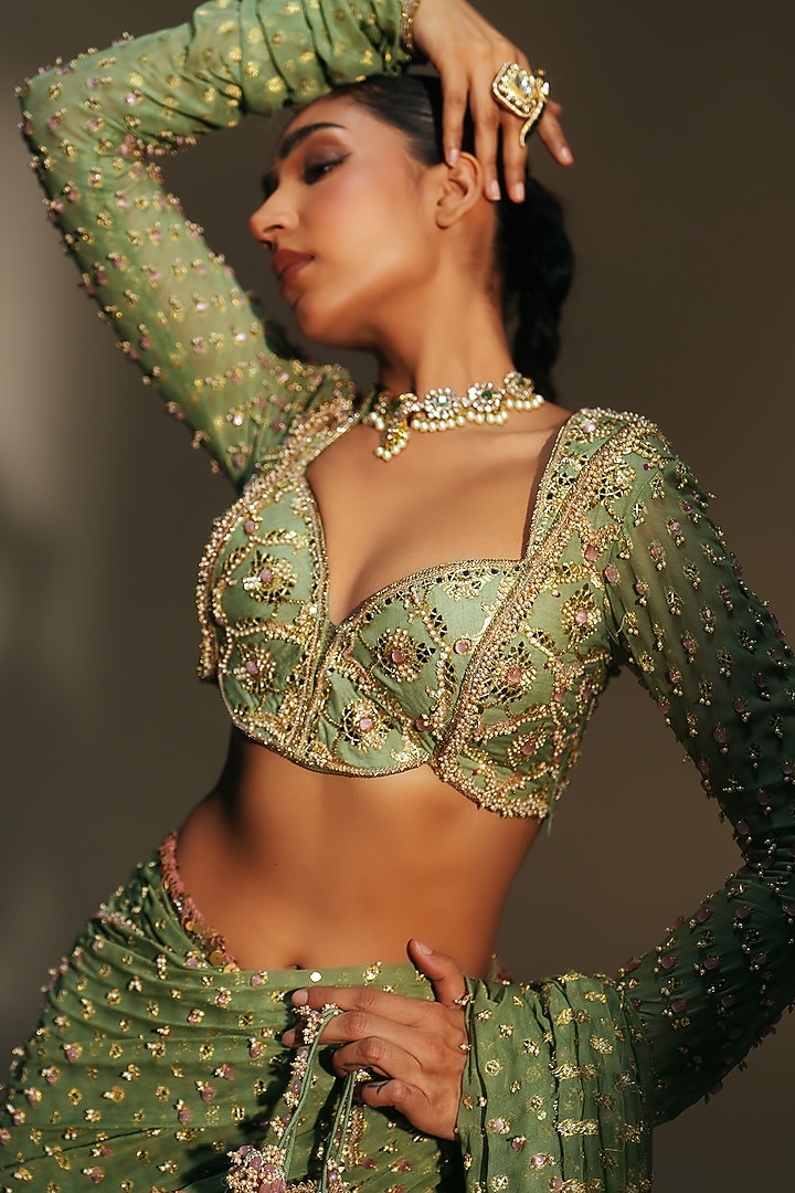 Pista Green Banarasi Georgette Hand Embroidered Pre-Draped Reception Saree Set by Mahima Mahajan at Pernia's Pop Up Shop