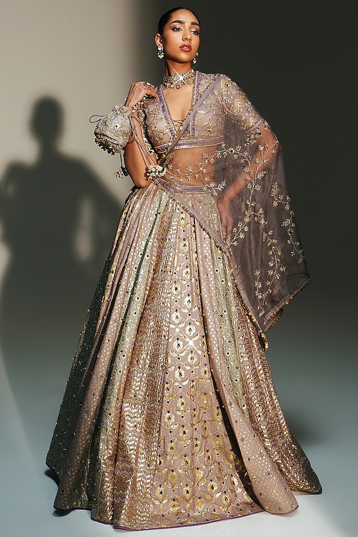 Platinum Banarasi Silk Chanderi Hand Embroidered Bridal Lehenga Set by Mahima Mahajan at Pernia's Pop Up Shop