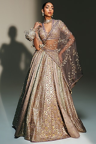 Platinum Banarasi Silk Chanderi Hand Embroidered Lehenga Set by Mahima Mahajan