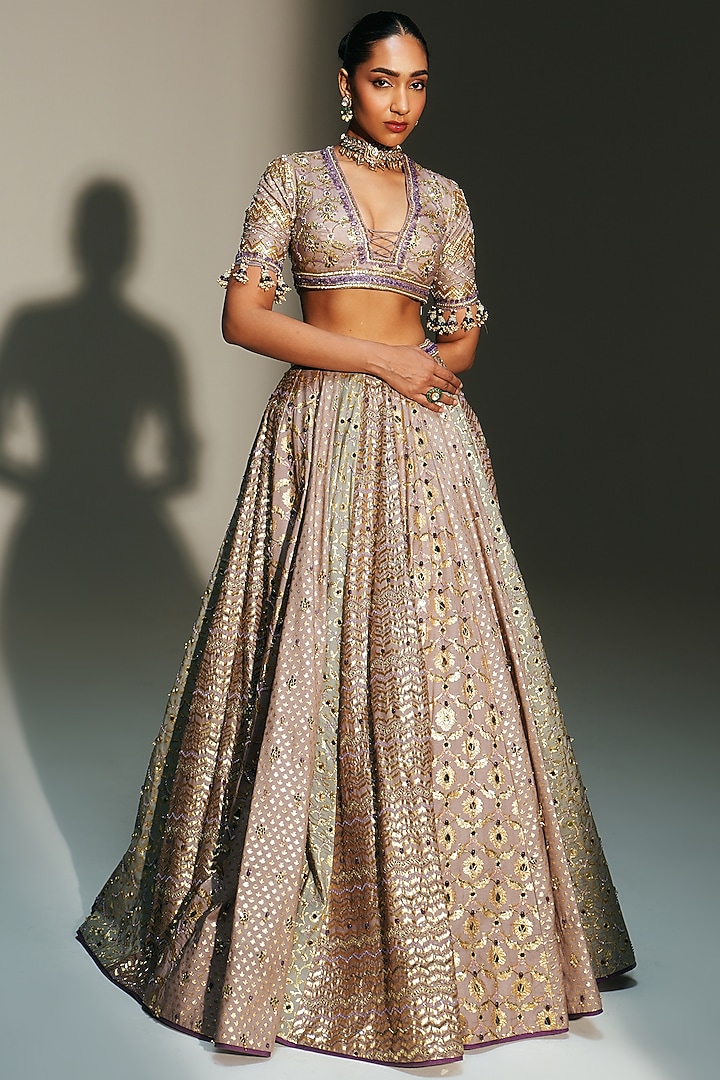 Platinum Banarasi Silk Chanderi Hand Embroidered Bridal Lehenga Set by Mahima Mahajan at Pernia's Pop Up Shop