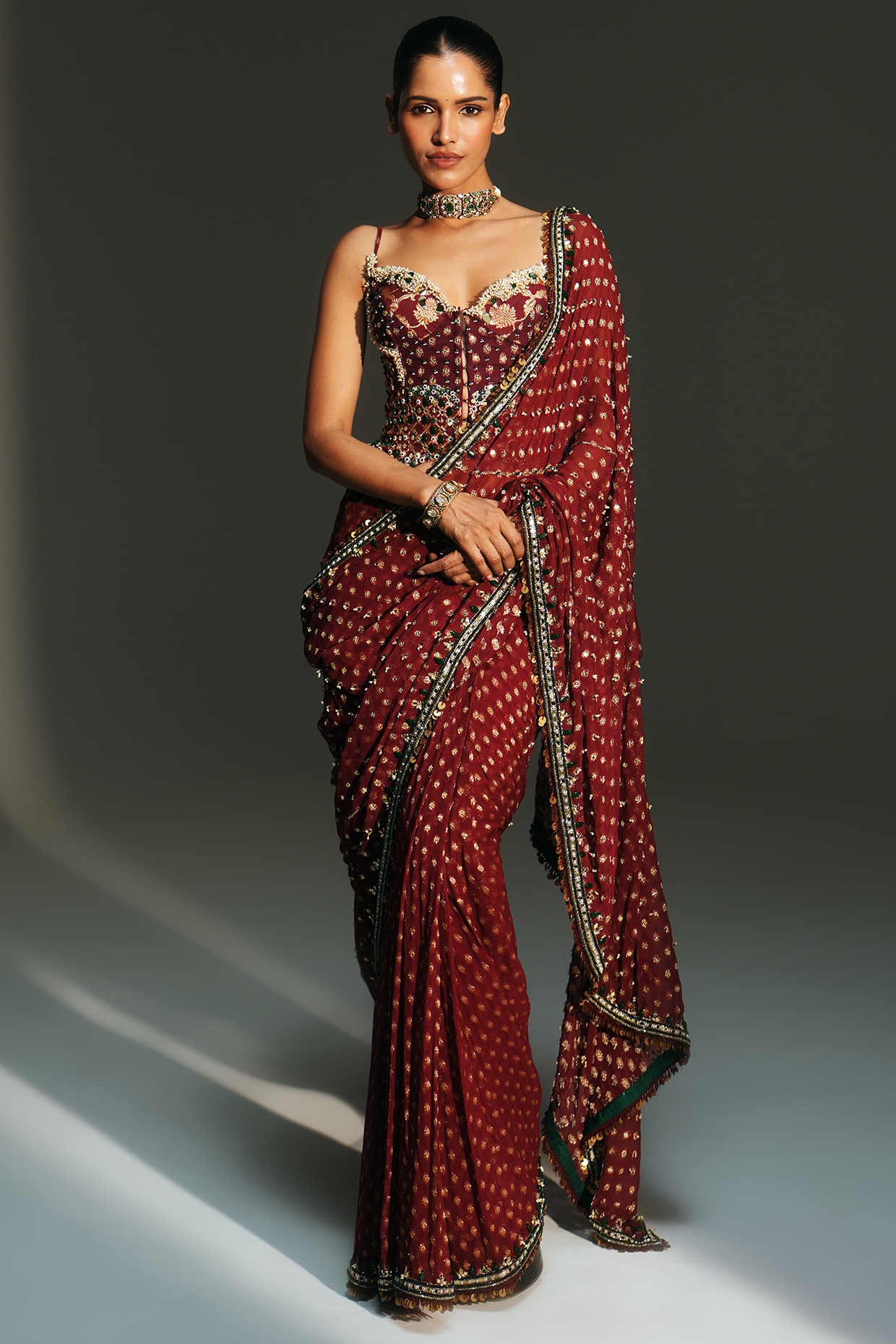 Mahima Mahajan Sindoori Red Banarasi Georgette Embroidered Pre-Draped Saree Set