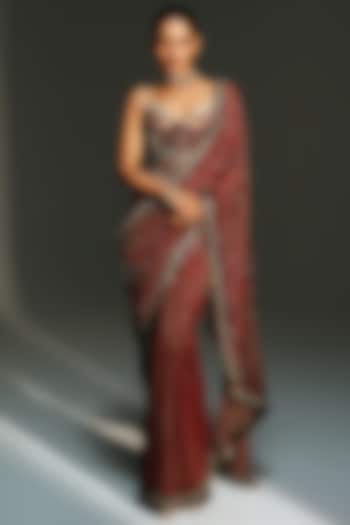 Sindoori Red Banarasi Georgette Embroidered Pre-Draped Reception Saree Set by Mahima Mahajan at Pernia's Pop Up Shop