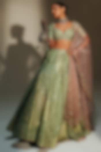 Pista Green Banarasi Silk Chanderi Hand Embroidered Bridal Lehenga Set by Mahima Mahajan at Pernia's Pop Up Shop