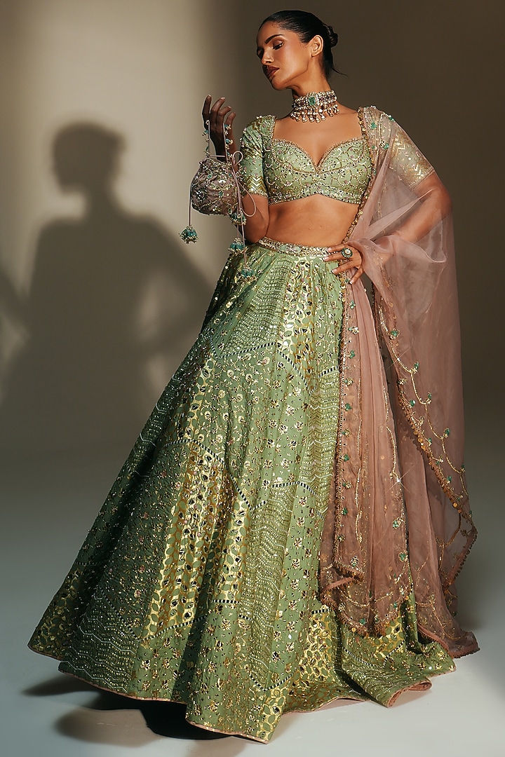 Pista Green Banarasi Silk Chanderi Hand Embroidered Bridal Lehenga Set by Mahima Mahajan at Pernia's Pop Up Shop
