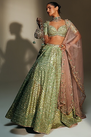 Pista Green Banarasi Silk Chanderi Hand Embroidered Lehenga Set by Mahima Mahajan