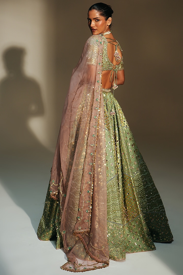 Pista Green Banarasi Silk Chanderi Hand Embroidered Bridal Lehenga Set by Mahima Mahajan at Pernia's Pop Up Shop