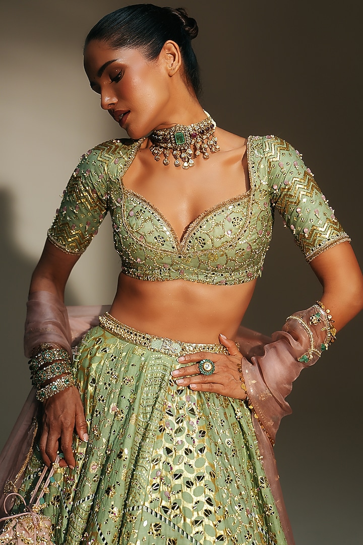 Pista Green Banarasi Silk Chanderi Hand Embroidered Bridal Lehenga Set by Mahima Mahajan at Pernia's Pop Up Shop