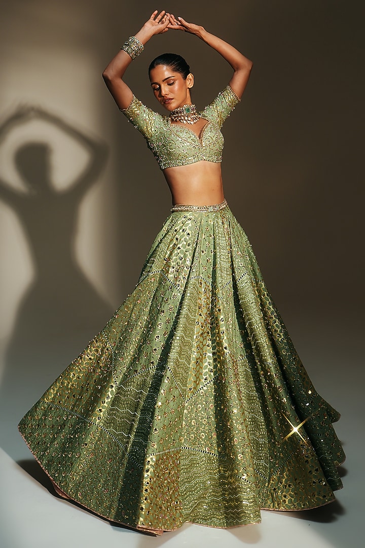 Pista Green Banarasi Silk Chanderi Hand Embroidered Bridal Lehenga Set by Mahima Mahajan at Pernia's Pop Up Shop