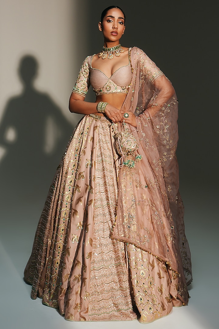 Blush Pink Banarasi Silk Chanderi Hand Embroidered Wedding Lehenga Set by Mahima Mahajan at Pernia's Pop Up Shop