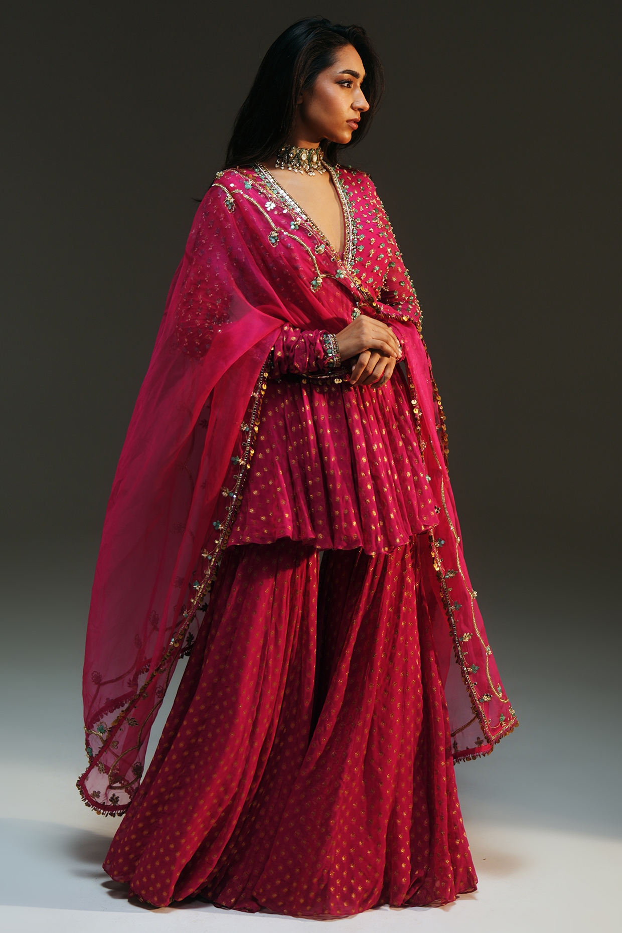 Mahima Mahajan Rani Pink Banarasi Silk Chanderi Hand Embroidered Sharara Set