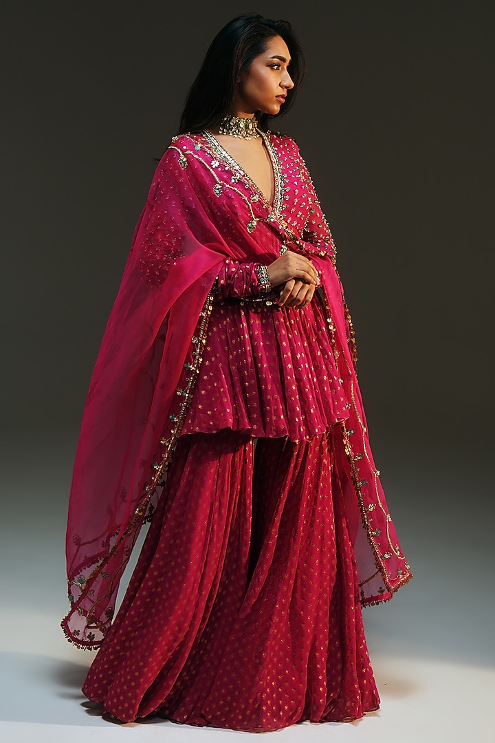 Rani Pink Banarasi Silk Chanderi Hand Embroidered Bridal Sharara Set by Mahima Mahajan at Pernia's Pop Up Shop