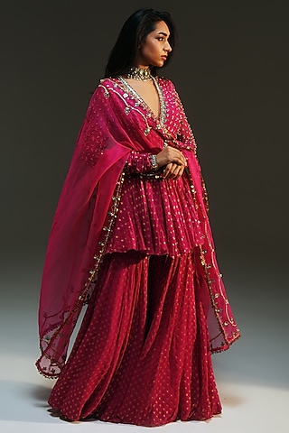 Rani Pink Banarasi Silk Chanderi Hand Embroidered Sharara Set by Mahima Mahajan