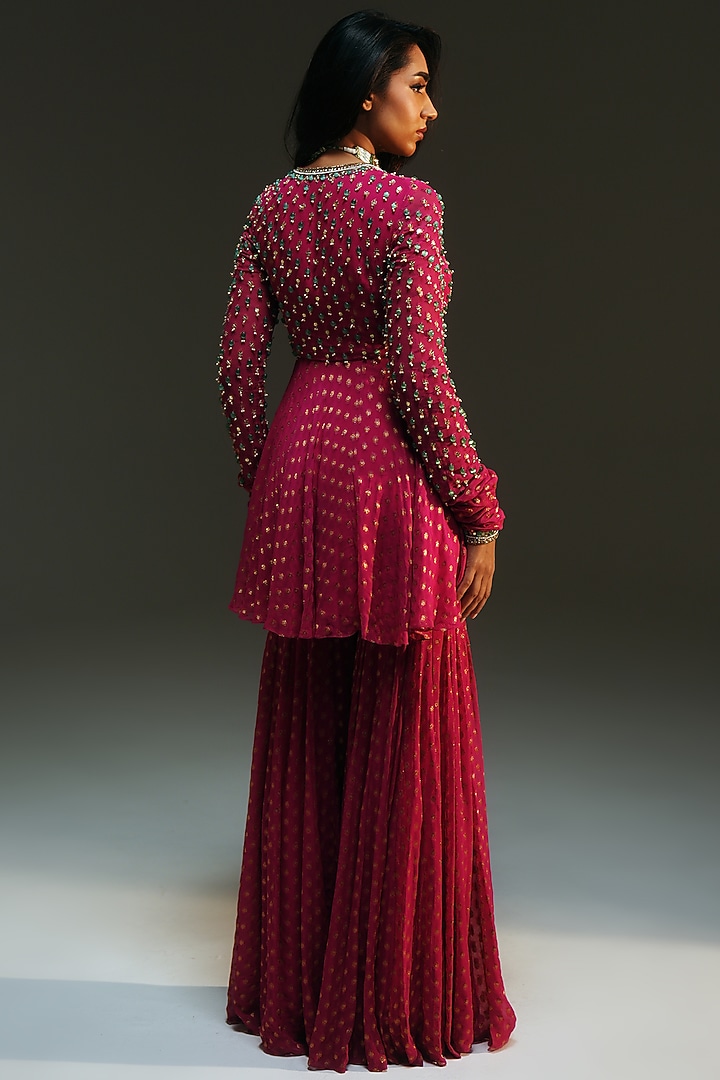 Rani Pink Banarasi Silk Chanderi Hand Embroidered Bridal Sharara Set by Mahima Mahajan at Pernia's Pop Up Shop
