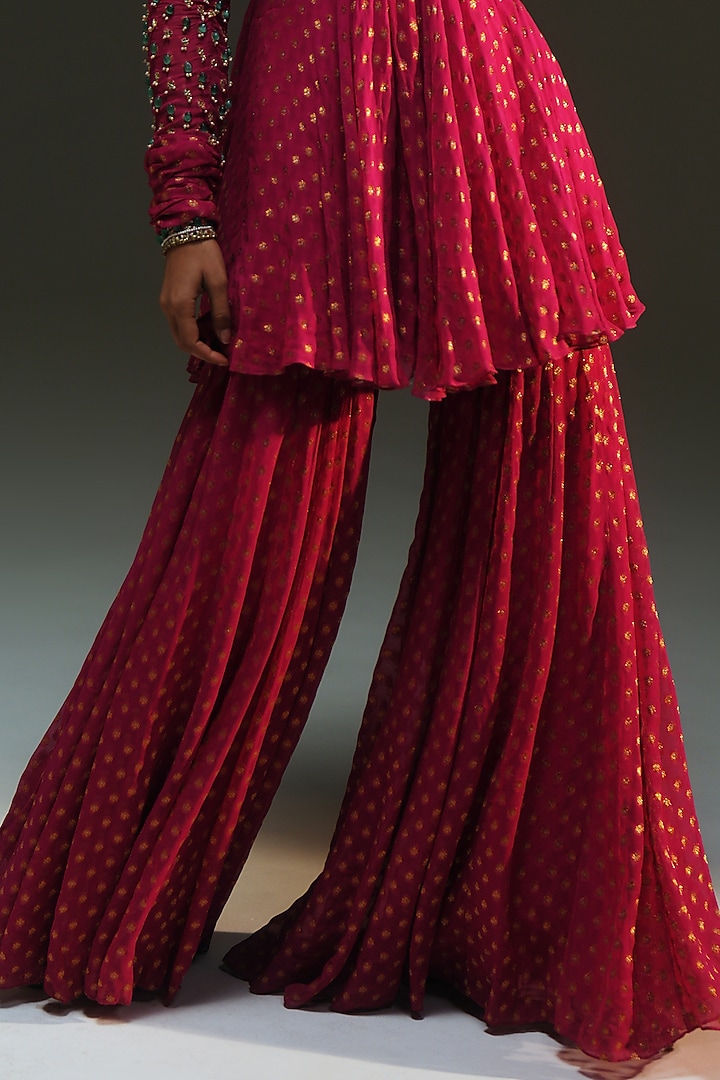 Rani Pink Banarasi Silk Chanderi Hand Embroidered Bridal Sharara Set by Mahima Mahajan at Pernia's Pop Up Shop