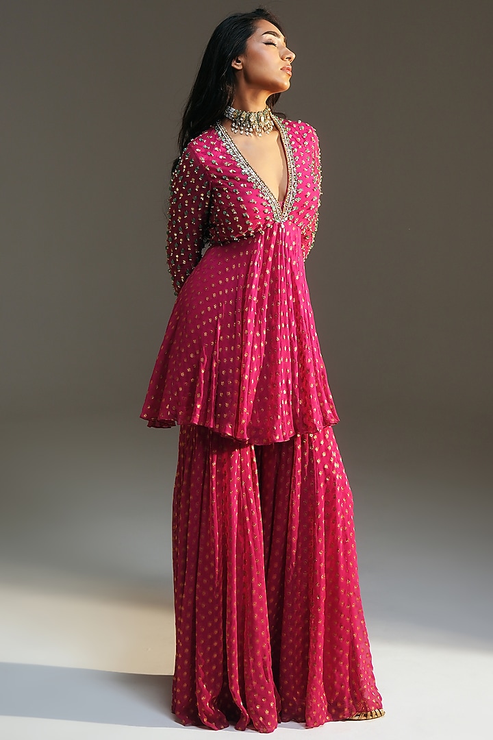 Rani Pink Banarasi Silk Chanderi Hand Embroidered Bridal Sharara Set by Mahima Mahajan at Pernia's Pop Up Shop
