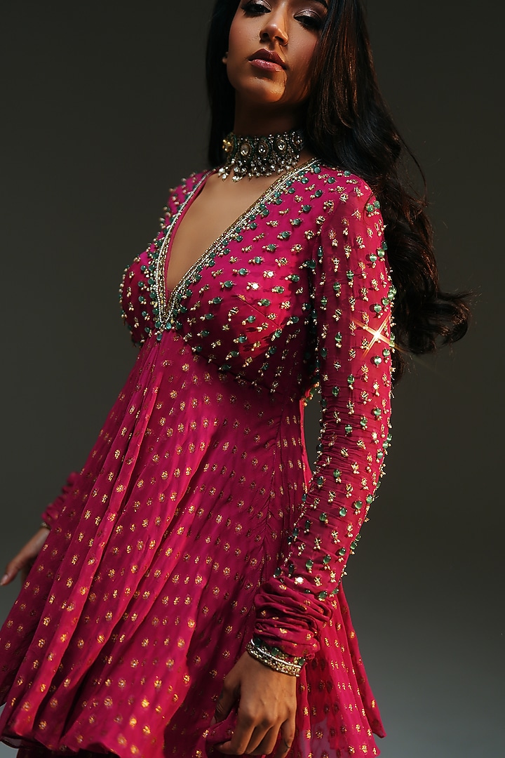 Rani Pink Banarasi Silk Chanderi Hand Embroidered Bridal Sharara Set by Mahima Mahajan at Pernia's Pop Up Shop