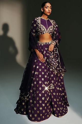 Grapevine Banarasi Silk Chanderi Hand Embroidered Lehenga Set by Mahima Mahajan